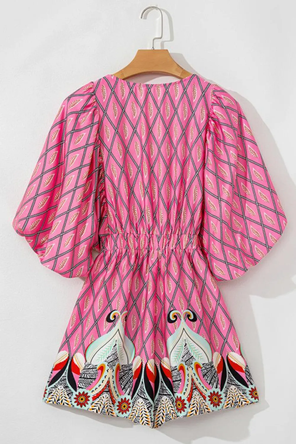 Discount Dear-Lover Paisley Geometric Print V Neck High Waist Romper Pink