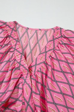 Discount Dear-Lover Paisley Geometric Print V Neck High Waist Romper Pink