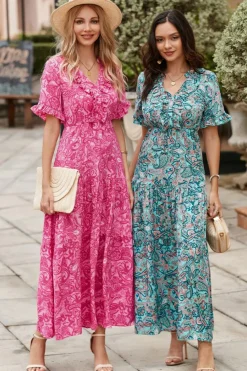 Outlet Dear-Lover Paisley Print Boho Holiday Ruffle Tiered Maxi Dress Pink