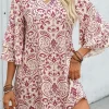 Outlet Dear-Lover Paisley Print Tiered 3/4 Sleeve Notched Neck Mini Dress Pink