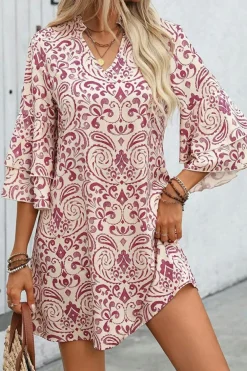 Outlet Dear-Lover Paisley Print Tiered 3/4 Sleeve Notched Neck Mini Dress Pink