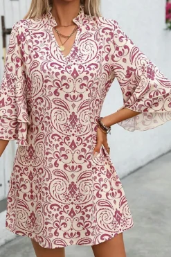 Outlet Dear-Lover Paisley Print Tiered 3/4 Sleeve Notched Neck Mini Dress Pink