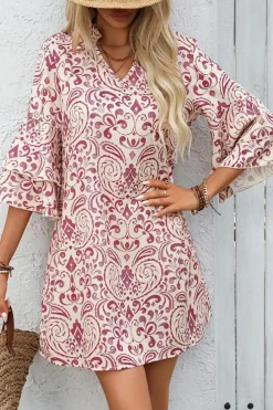 Outlet Dear-Lover Paisley Print Tiered 3/4 Sleeve Notched Neck Mini Dress Pink