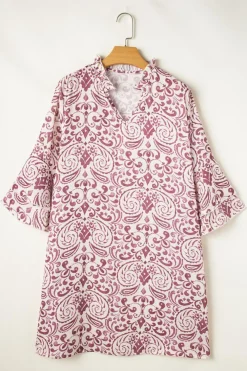 Outlet Dear-Lover Paisley Print Tiered 3/4 Sleeve Notched Neck Mini Dress Pink