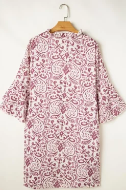 Outlet Dear-Lover Paisley Print Tiered 3/4 Sleeve Notched Neck Mini Dress Pink
