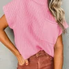 New Dear-Lover Patch Pocket Ribbed Knit Short Sleeve Sweater Pink