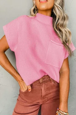 New Dear-Lover Patch Pocket Ribbed Knit Short Sleeve Sweater Pink