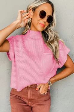 New Dear-Lover Patch Pocket Ribbed Knit Short Sleeve Sweater Pink