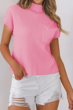 New Dear-Lover Patch Pocket Ribbed Knit Short Sleeve Sweater Pink