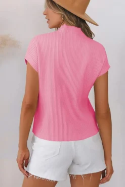 New Dear-Lover Patch Pocket Ribbed Knit Short Sleeve Sweater Pink
