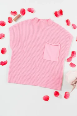 New Dear-Lover Patch Pocket Ribbed Knit Short Sleeve Sweater Pink