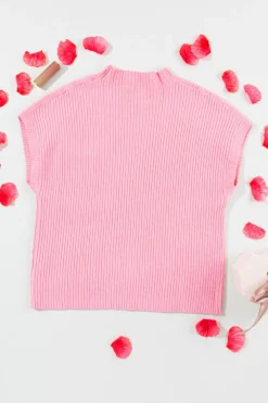 New Dear-Lover Patch Pocket Ribbed Knit Short Sleeve Sweater Pink