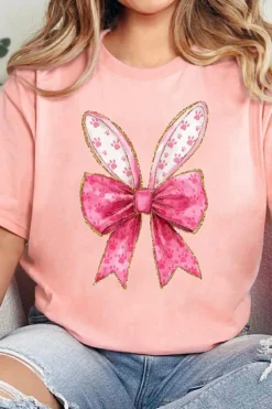 Best Dear-Lover Paw Printed Bow Bunny Easter Day Fashion T Shirt Pink