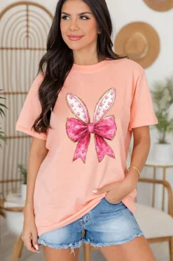 Best Dear-Lover Paw Printed Bow Bunny Easter Day Fashion T Shirt Pink