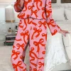 Fashion Dear-Lover 2pcs Bow Print Shirt Style Long Sleeve Pajama Set Pink