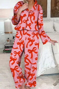 Fashion Dear-Lover 2pcs Bow Print Shirt Style Long Sleeve Pajama Set Pink