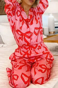 Fashion Dear-Lover 2pcs Bow Print Shirt Style Long Sleeve Pajama Set Pink