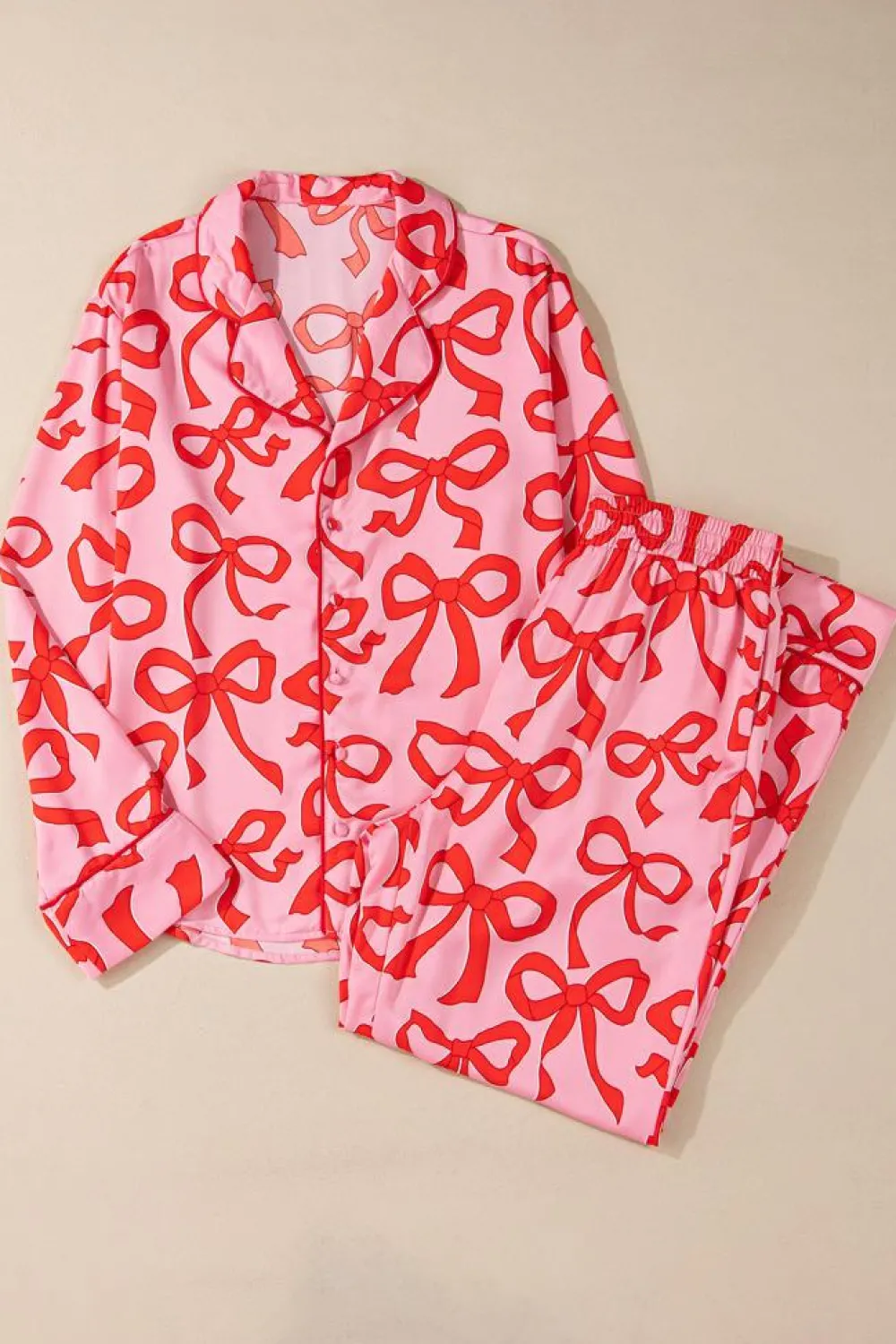 Fashion Dear-Lover 2pcs Bow Print Shirt Style Long Sleeve Pajama Set Pink
