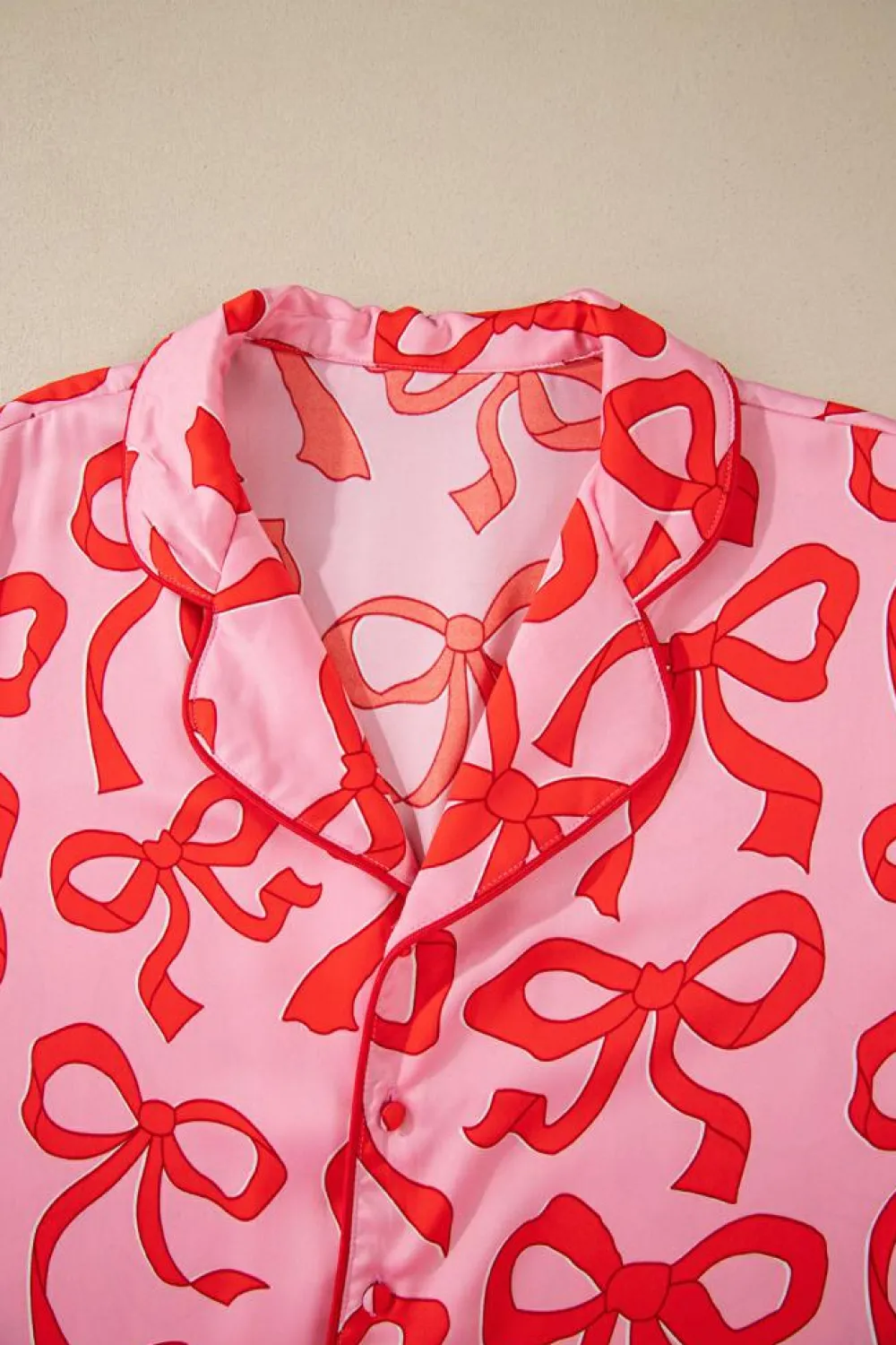 Fashion Dear-Lover 2pcs Bow Print Shirt Style Long Sleeve Pajama Set Pink