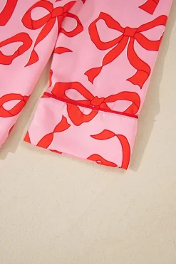 Fashion Dear-Lover 2pcs Bow Print Shirt Style Long Sleeve Pajama Set Pink