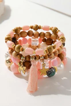 Online Dear-Lover 4Pcs Butterfly Star Pendant Tassel Beaded Bracelet Set Pink