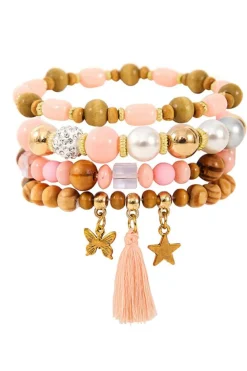Online Dear-Lover 4Pcs Butterfly Star Pendant Tassel Beaded Bracelet Set Pink