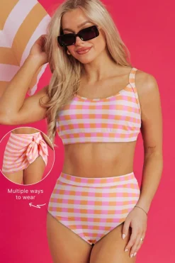 New Dear-Lover 3pcs Gingham High Waist Bikini & Sarong Pink