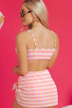 New Dear-Lover 3pcs Gingham High Waist Bikini & Sarong Pink