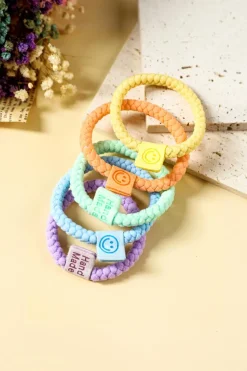 Clearance Dear-Lover 5Pcs Smile Face Tab Braided Hair Tie Set Pink