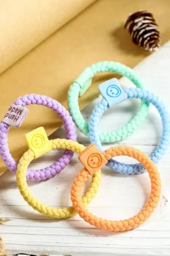 Clearance Dear-Lover 5Pcs Smile Face Tab Braided Hair Tie Set Pink