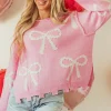 Discount Dear-Lover Pearl Beaded Bowknot Pattern Distressed Split Hem Sweater Pink