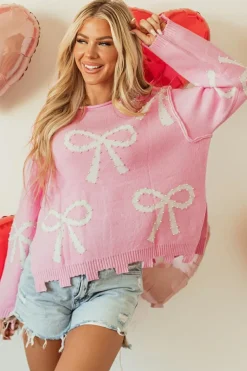 Discount Dear-Lover Pearl Beaded Bowknot Pattern Distressed Split Hem Sweater Pink