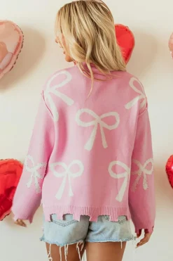 Discount Dear-Lover Pearl Beaded Bowknot Pattern Distressed Split Hem Sweater Pink