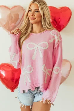 Discount Dear-Lover Pearl Beaded Bowknot Pattern Distressed Split Hem Sweater Pink