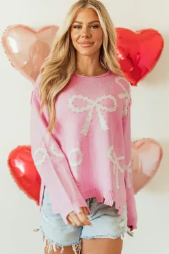 Discount Dear-Lover Pearl Beaded Bowknot Pattern Distressed Split Hem Sweater Pink