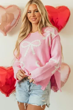 Discount Dear-Lover Pearl Beaded Bowknot Pattern Distressed Split Hem Sweater Pink