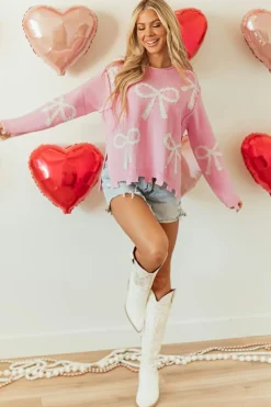 Discount Dear-Lover Pearl Beaded Bowknot Pattern Distressed Split Hem Sweater Pink