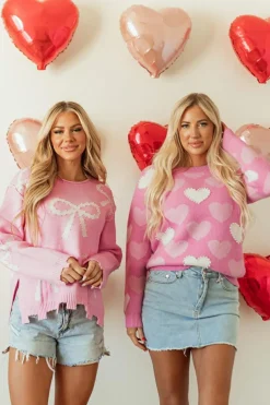 Discount Dear-Lover Pearl Beaded Bowknot Pattern Distressed Split Hem Sweater Pink