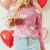 Fashion Dear-Lover Pearled Heart Print Valentines Crew Neck Sweater Pink