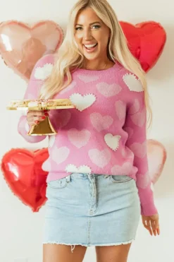 Fashion Dear-Lover Pearled Heart Print Valentines Crew Neck Sweater Pink