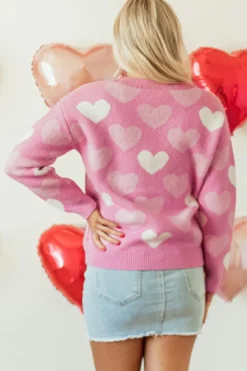 Fashion Dear-Lover Pearled Heart Print Valentines Crew Neck Sweater Pink
