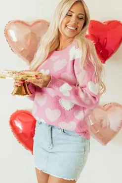 Fashion Dear-Lover Pearled Heart Print Valentines Crew Neck Sweater Pink