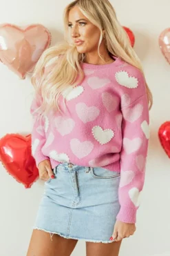 Fashion Dear-Lover Pearled Heart Print Valentines Crew Neck Sweater Pink
