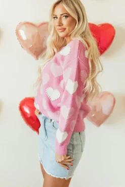Fashion Dear-Lover Pearled Heart Print Valentines Crew Neck Sweater Pink