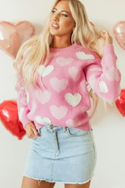Fashion Dear-Lover Pearled Heart Print Valentines Crew Neck Sweater Pink