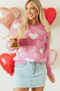 Fashion Dear-Lover Pearled Heart Print Valentines Crew Neck Sweater Pink