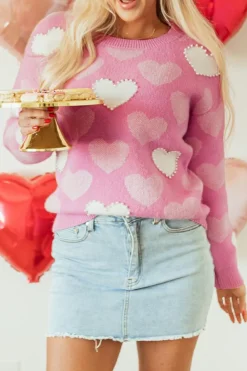 Fashion Dear-Lover Pearled Heart Print Valentines Crew Neck Sweater Pink