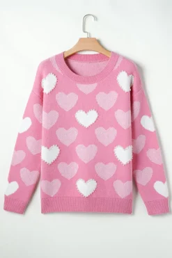Fashion Dear-Lover Pearled Heart Print Valentines Crew Neck Sweater Pink