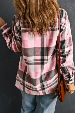 Hot Dear-Lover Plaid Button Up Patch Pocket Shirt Pink