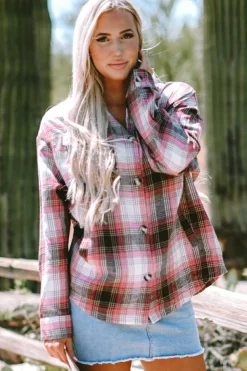 Discount Dear-Lover Plaid Flap Pocket Button Up Shacket Pink